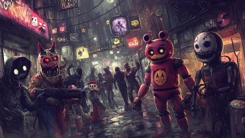 Creepy mascots roam a neon-soaked dystopian alleyway at night.