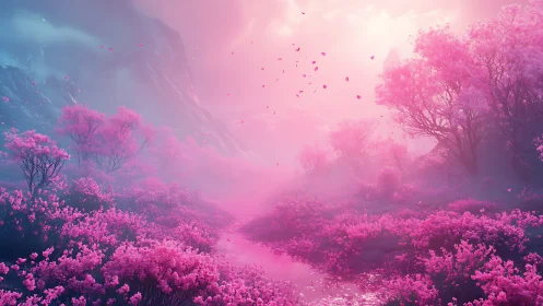 Pink fantasy valley with glowing mist and blossom trees.