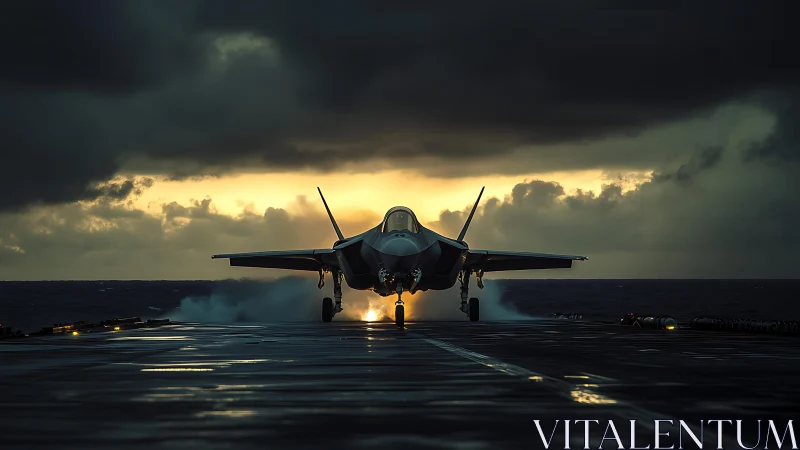 Jet fighter launching at stormy dusk from carrier deck.