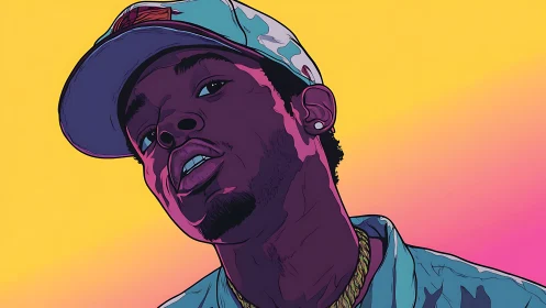 Neon-lit portrait of cool swagger against a sunset fade.