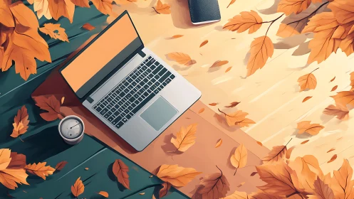 Autumn workspace glows with laptop light and swirling leaves.