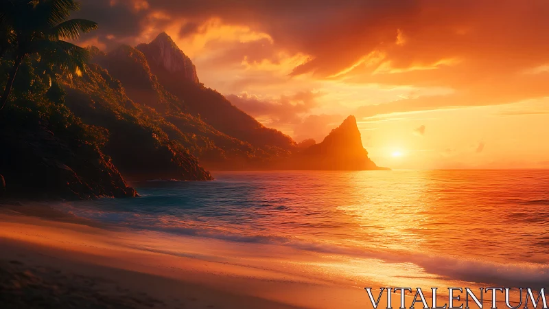 Sunset illuminates tropical coastline with rugged mountains