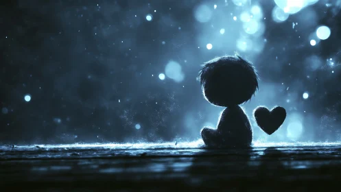 Silhouetted figure with heart shape in blue bokeh scene.