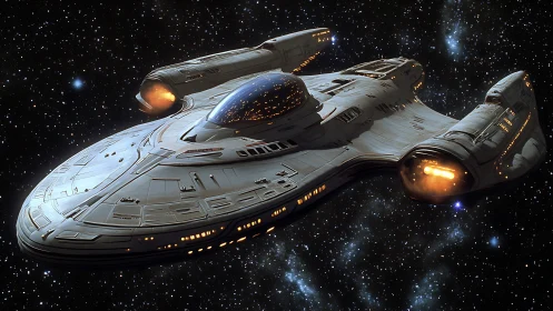 Sleek starship glides through starlit space with gentle power