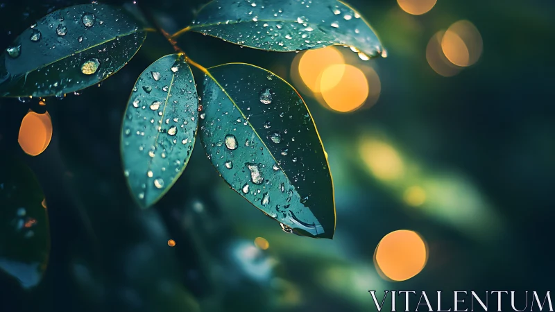 Rain-kissed leaves glow against warm evening bokeh.