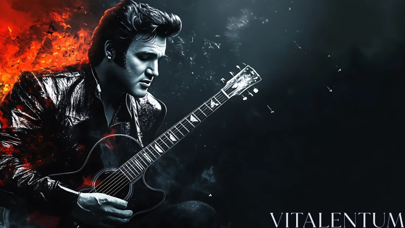 Iconic rock guitarist in fiery monochrome digital portrait.