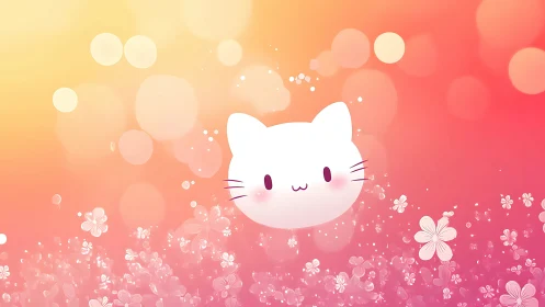 Soft pastel kitty face drifts in a dreamy floral sunset sky