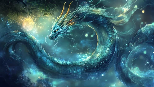 Luminous celestial dragon coils through a moonlit fantasy sky.