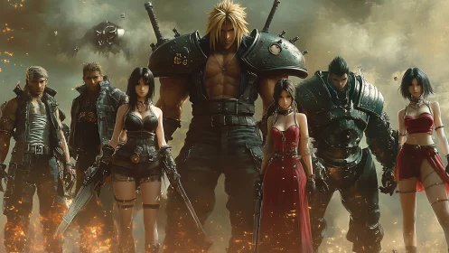 Battle-hardened heroes advance through burning wasteland