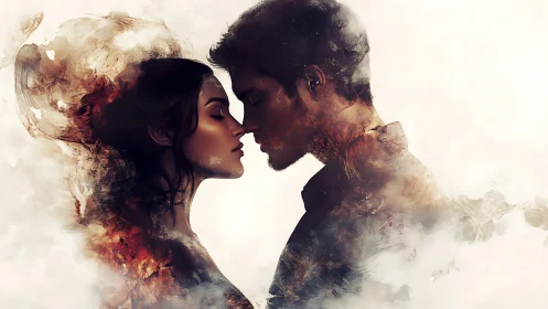 Double Exposure Portrait of Embracing Couple with Atmospheric Dissolution.