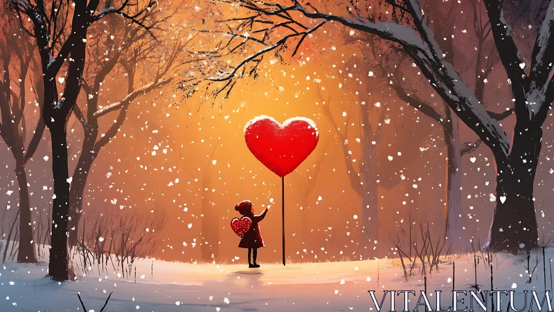 Child Holds Giant Red Heart Balloon in Snowy Forest
