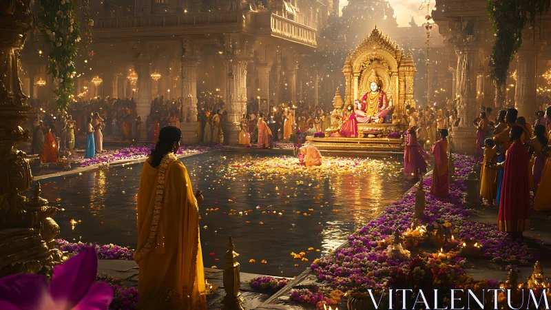 Opulent temple festival with golden deity by flower-lit pool.