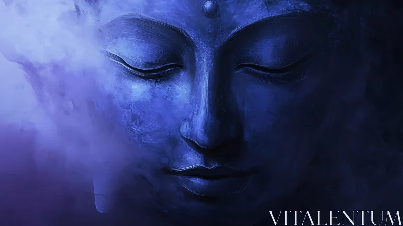 Serene blue Buddha face emerging from luminous mist.