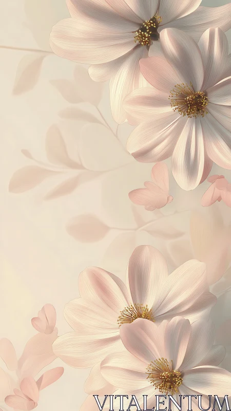 Delicate cosmos flowers with gold stamens in soft pastel tones