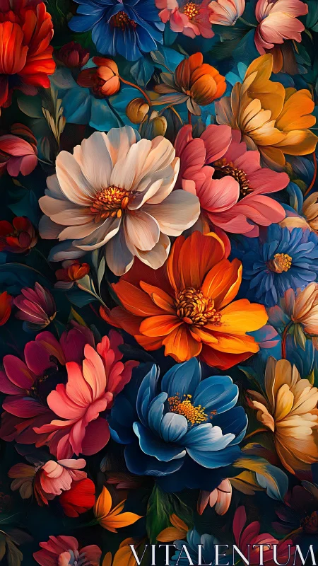 Multicolored floral arrangement with layered botanical composition.