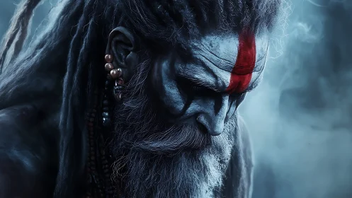 Blue-skinned ascetic with red mark in cold mist.