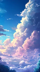 Vertical cloudscape with layered cumulus and clear blue sky.