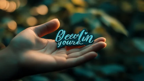 Hand holds script badge under soft golden bokeh light.