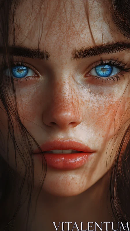 Freckled face holds intense blue gaze in tight portrait