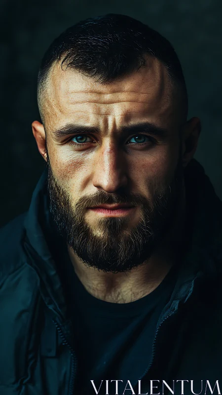 Bearded man in dark jacket with intense direct gaze.