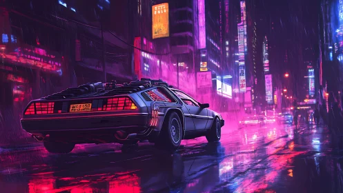 Retro-futuristic DeLorean in neon-saturated cyberpunk rainscape.