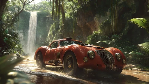 Classic red racer cuts jungle river beneath towering waterfall.