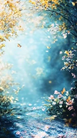 Dreamy woodland path with soft light and fluttering blooms.