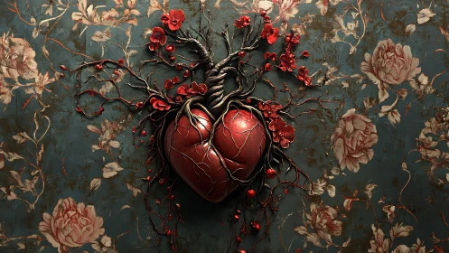Anatomical Heart Tree Blooming Red Flowers on Floral Damask