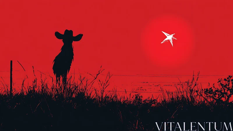 Silhouette cowboy against red horizon with stylized star sun.