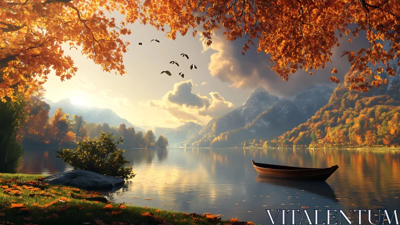 Autumn lake landscape with mountains, boat, and distant birds.