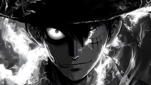 High-contrast anime portrait with luminous eyes and volumetric smoke