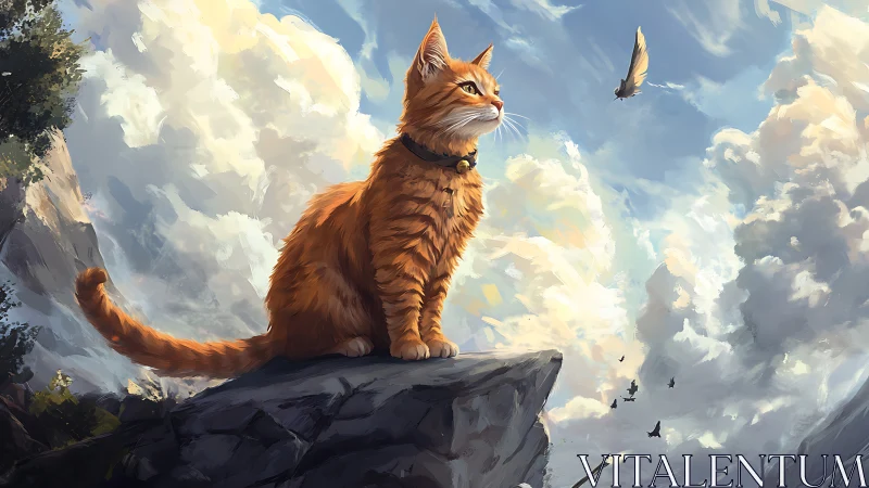 Orange cat perched on mountain cliff overlooking clouds.
