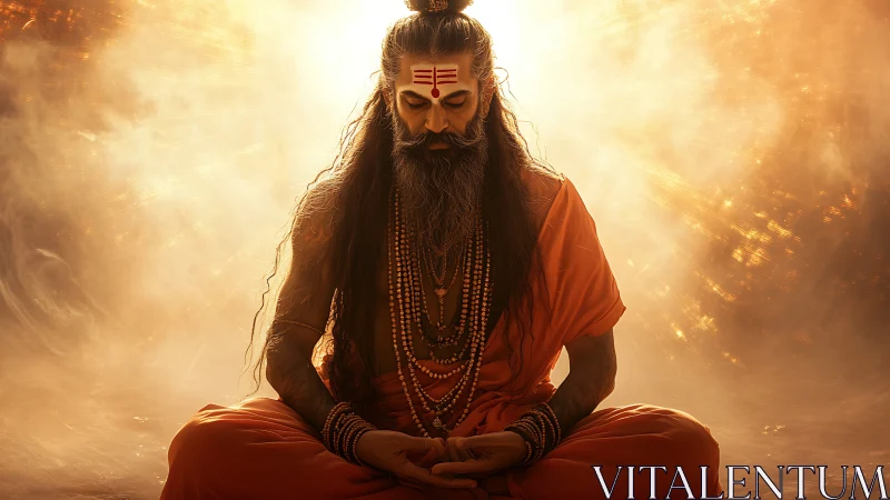 Backlit ascetic in lotus pose under volumetric golden light field