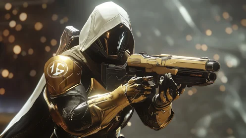 Hooded sci fi soldier aims gold handgun in cinematic lighting