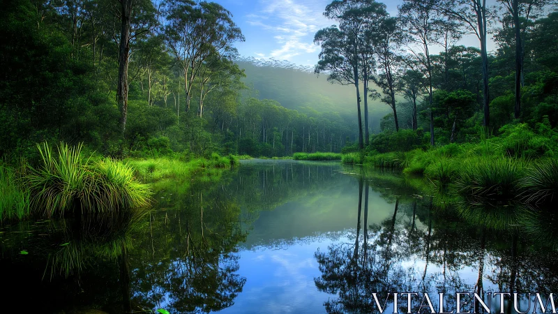 Misty forest lake reflection under soft blue dawn light.