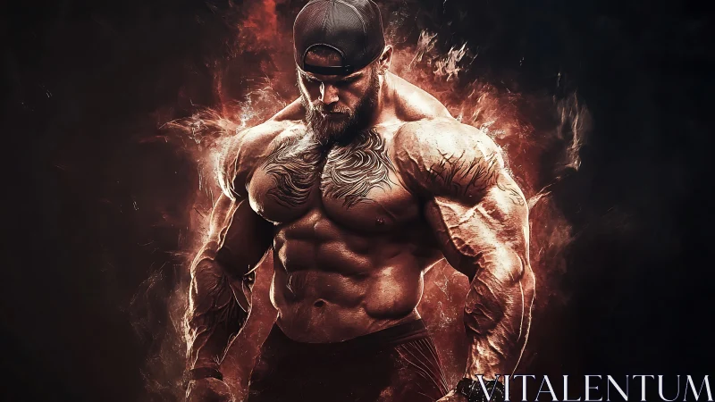 Digital muscle titan in fiery bodybuilding portrait.