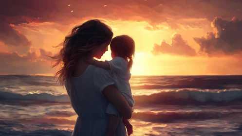 Backlit mother and child silhouette against radiant ocean sunset