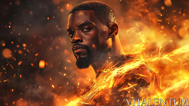 Heroic male portrait engulfed in dynamic cinematic flames.