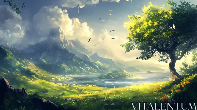 Sunlit alpine lake valley rendered in luminous digital painting