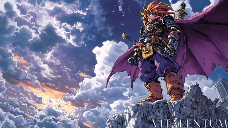 Armored hero overlooks dramatic cloud filled horizon.