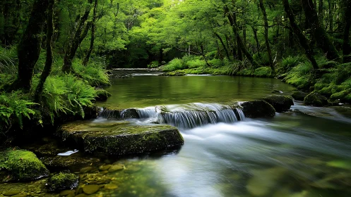 River water flows over low rocks through dense green forest