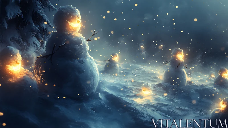 Glowing snowmen stand in a dark snowy landscape at night
