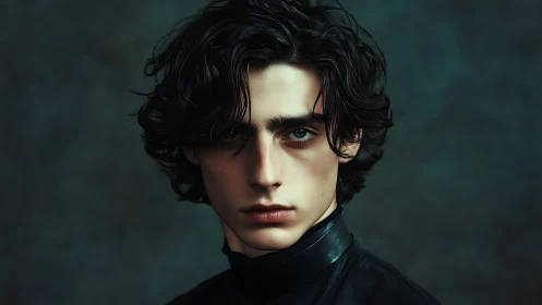 Storm-eyed youth in dark leather, carved from quiet shadow.