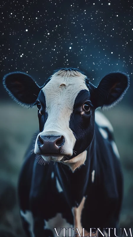 Starry night cow gazes gently into the quiet country sky