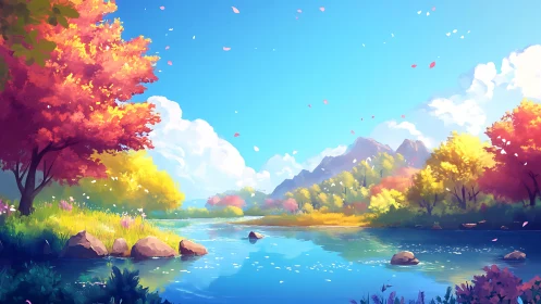 Autumn river dreamscape under cotton clouds and gentle sun.