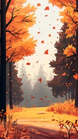 Autumn forest path with deciduous trees and falling leaves in layered composition.