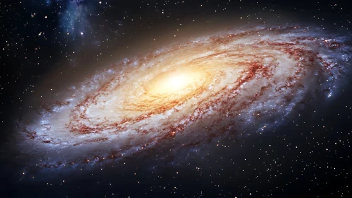 Glowing spiral galaxy swirling through a peaceful night sky.