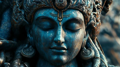 Quiet blue deity in intricate, timeworn bronze serenity.