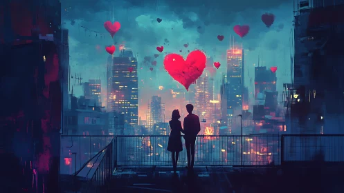 Urban Romance Under Floating Heart Symbols.