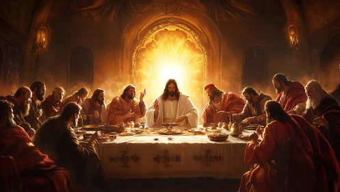 Dramatic last supper scene with central radiant figure.